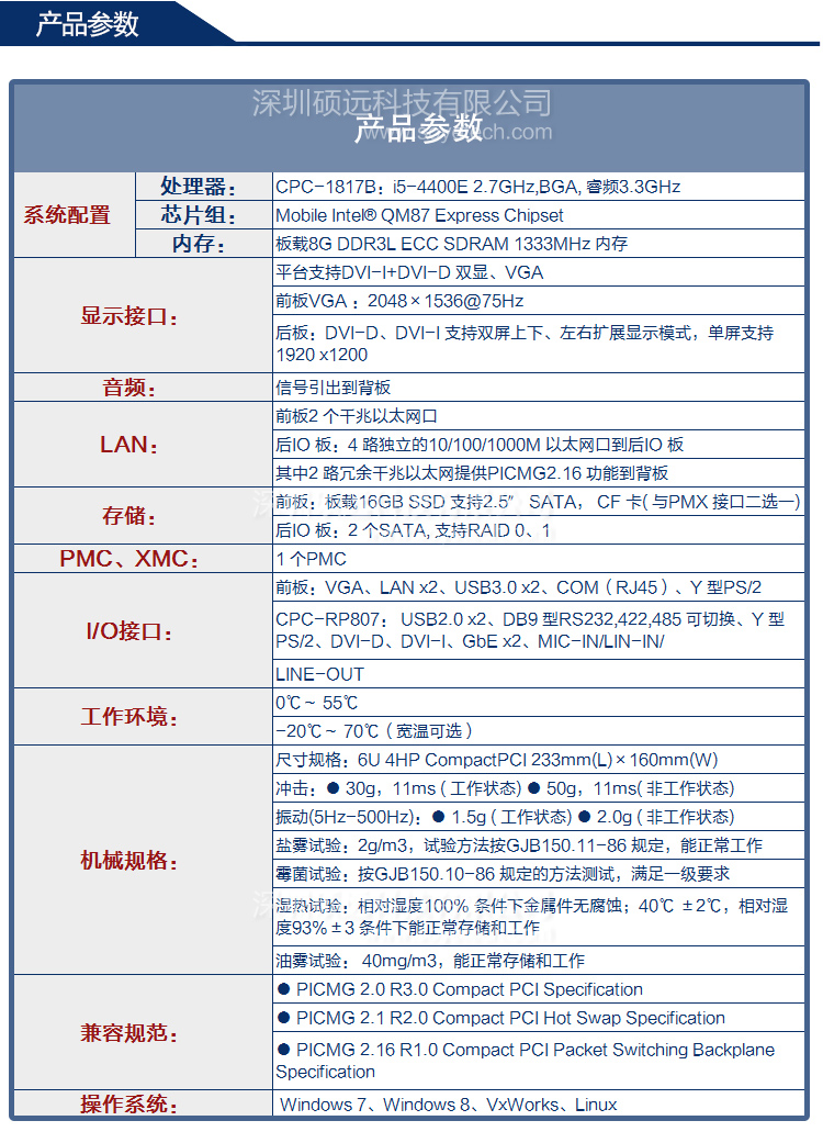 研祥6U COMPACT PCI INTEL 第四代 I7/I5 高性能計算機CPC-1817B