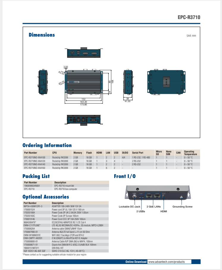 研華EPC-R3710 Rockchip RK3399 Cortex-A72 UIO40-Express Edge AI 工控整機， 4K display， 2xLan，