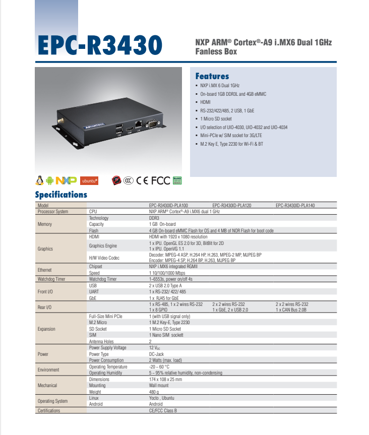 研華EPC-R3430 基于NXP i.MX6 Arm Cortex-A9平臺的緊湊型嵌入式工控機