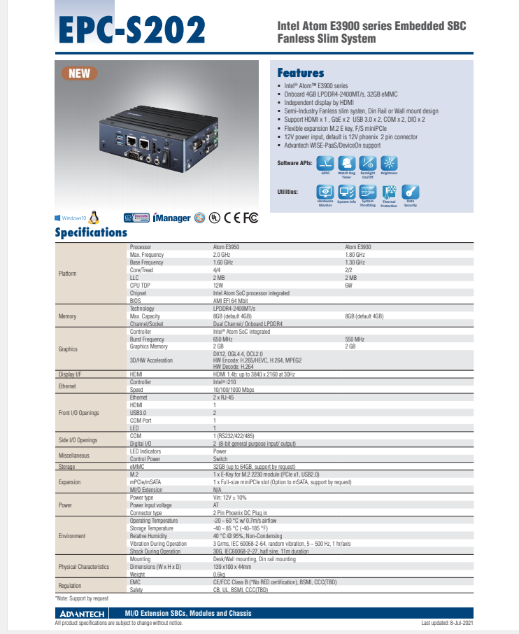 研華嵌入式工控機(jī)EPC-S202 Intel? Atom? E3900 series Embedded SBC Fanless Slim System