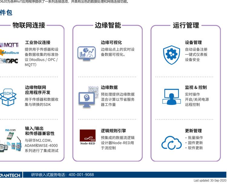 研華EIS-D620 研華EIS-D620，邊緣計(jì)算系統(tǒng)網(wǎng)關(guān)，基于Rockchip RK3399處理器，板載2GB內(nèi)存，16GB eMMC 存儲(chǔ)，低功耗邊緣智能設(shè)備，具備豐富擴(kuò)展接口 2 x LAN，1 x COM，1 x USB，2 x HDMI等，體積非常小巧，適用于邊緣設(shè)備控制及數(shù)據(jù)采集等應(yīng)用場(chǎng)景。