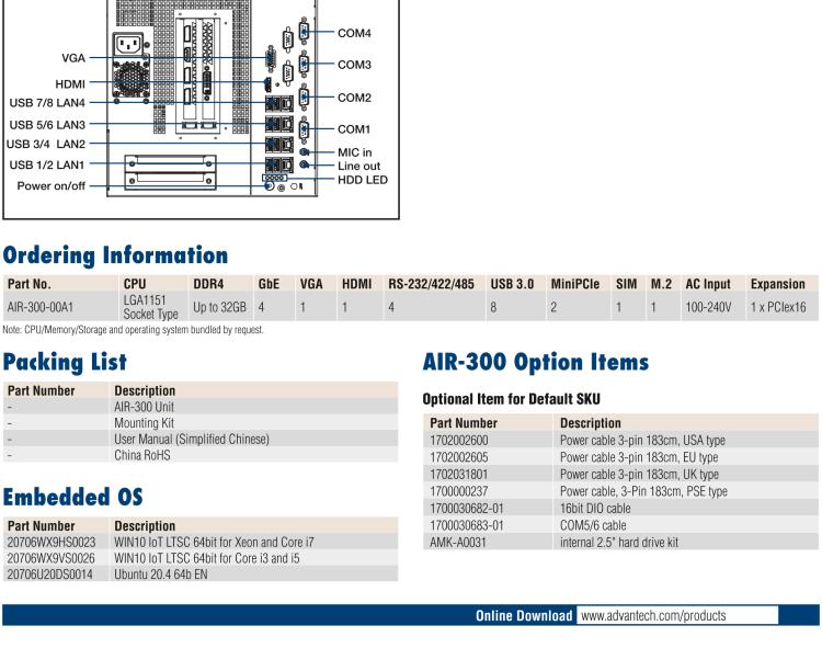 研華AIR-300 支持Intel Xeon / 6/7代Core?i3/i5/i7處理器，AI計算平臺，可擴(kuò)展 PCIe x16 GPU全尺寸卡