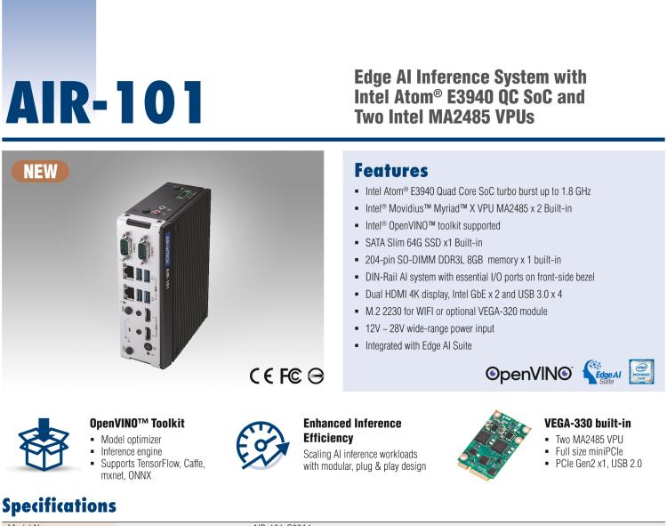 研華AIR-101 基于Intel Atom E3940處理器，AI計算平臺，內置Myriad X VPU * 2