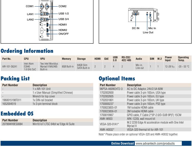 研華AIR-101 基于Intel Atom E3940處理器，AI計算平臺，內置Myriad X VPU * 2