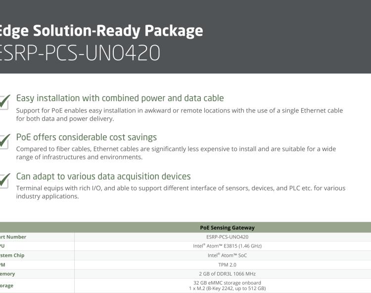 研華ESRP-PCS-UNO420 PoE Sensing Gateway, WISE-EdgeLink, Intel? Atom? E3815, 2 x LAN, 3 x COM, 4 x DI/DO