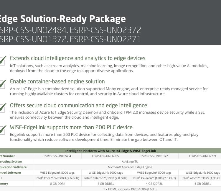 研華ESRP-CSS-UNO1372 Small-Size DIN-Rail Controller, Azure IoT Edge, WISE-EdgeLink, Intel? Celeron? J1900, 4G RAM, 32G SSD, 2 x LAN, 4 x COM, 4 x DI/DO