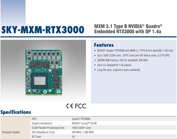 研華SKY-MXM-RTX3000 MXM 3.1 Type B NVIDIA? Quadro? Embedded RTX3000 with DP 1.4a