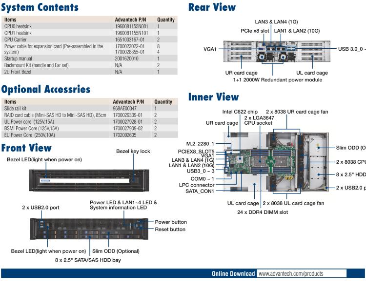 研華SKY-6200 2U 機架式 GPU 服務(wù)器,搭載Intel? Xeon?Scalable 處理器 支持4 x PCIe x16 雙層FH/FL卡或者8 x PCIe x8 單層 FH/FL卡