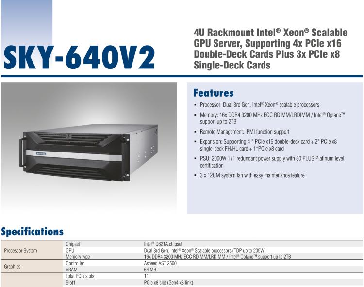 研華SKY-640V2 4U Rackmount Intel? Xeon? Scalable GPU Server, Supporting 4x PCIe x16 Double-Deck Cards Plus 3x PCIe x8 Single-Deck Cards