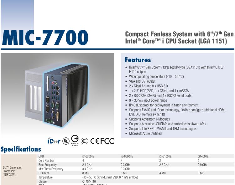 研華MIC-7700 Intel? 第六代/第七代 Core i 臺式機處理器緊湊型無風扇系統(tǒng)