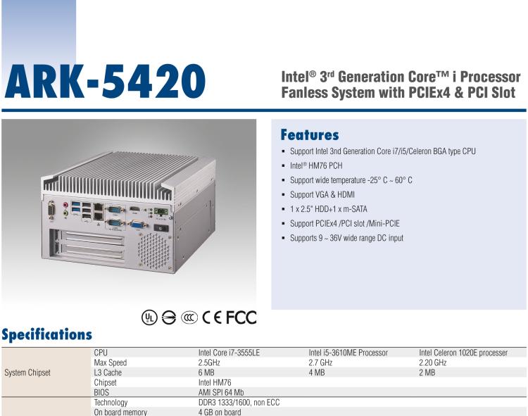 研華ARK-5420 Intel? 第三代 Core? i 處理器無風(fēng)扇嵌入式工控機(jī)，支持 PCIEx4 & PCI