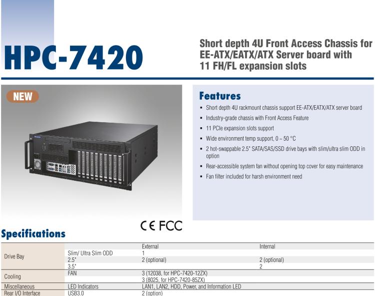 研華HPC-7420 用于EE-ATX/EATX/ATX主板的4U 短深度服務器機箱，帶有11個FH/FL擴展插槽