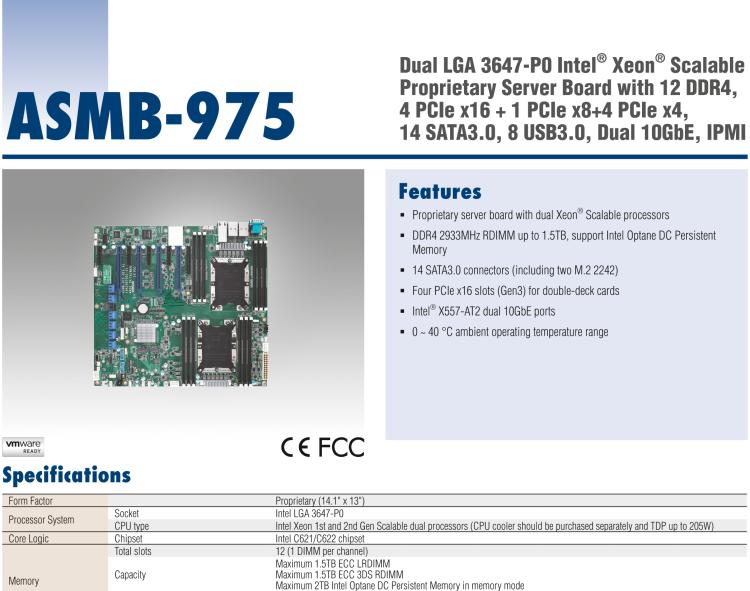 研華ASMB-975 雙路LGA3647-P0 Intel? Xeon? Scalable 服務(wù)器主板，帶12個 DDR4, 4個 PCIe x16 + 1個 PCIe x8 + 4 個PCIx4, 14 個 SATA3, 8 個USB3.0, Dual 10GbE, IPMI