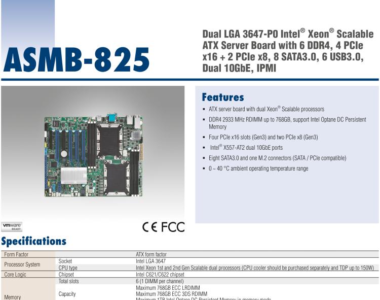 研華ASMB-825 雙路LGA 3647-P0 Intel? Xeon? Scalable ATX 服務(wù)器主板，帶6 個(gè)DDR4, 4 PCIe x16 和 2 個(gè) PCIe x8, 8 個(gè)SATA3, 6 個(gè)USB3.0, Dual 10GbE, IPMI