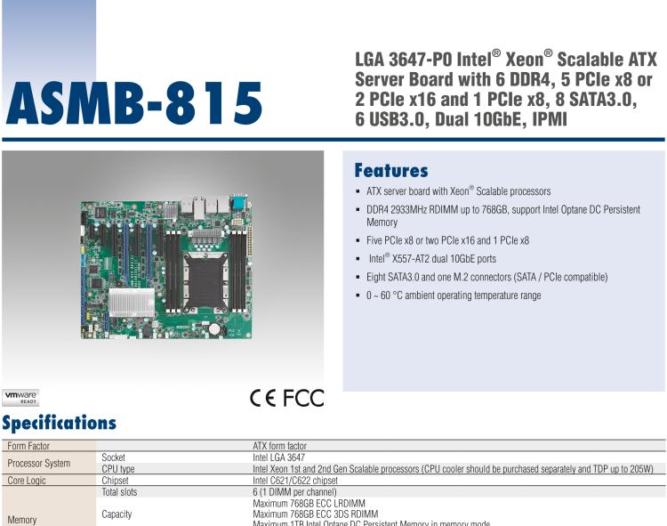 研華ASMB-815 單路LGA 3647-P0 Intel? Xeon? Scalable ATX 服務(wù)器主板，帶 6 個DDR4, 5 個PCIe x8 或者 2 個PCIe x16 和 1個 PCIe x8, 8 個SATA3, 6 個USB3.0, Dual 10GbE, IPMI