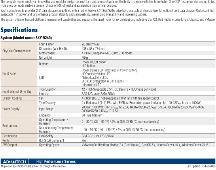 研華SKY-9240 2U4N Rackmount Server, Designed for Hyper-converged and HPC Application