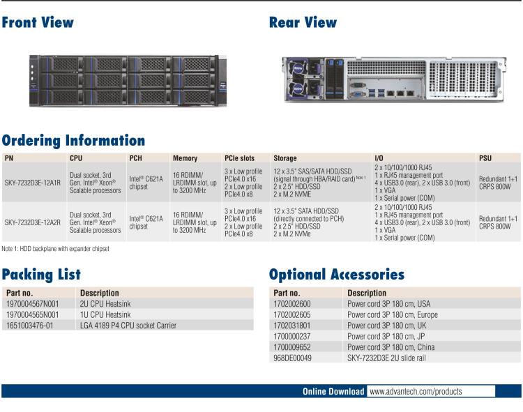 研華SKY-7232D3E 2U HCI Server with 3rd Gen. Intel? Xeon? Scalable Processors