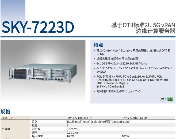 研華SKY-7223D 基于OTII 標(biāo)準(zhǔn)2U 5G vRAN 邊緣計算服務(wù)器