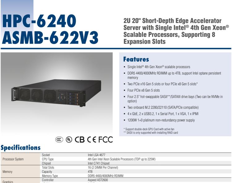 研華HPC-6240+ASMB-622V3 2U 20" Short-Depth Edge Accelerator Server with Single Intel? 4th Gen Xeon? Scalable Processors, Supporting 8 Expansion Slots