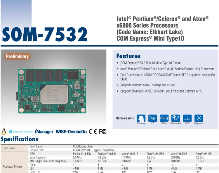 研華SOM-7532 Intel Pentium/Celeron 和 Atom x6000 系列 (Elkhart Lake) 處理器， COM Express Mini Type 10 模塊