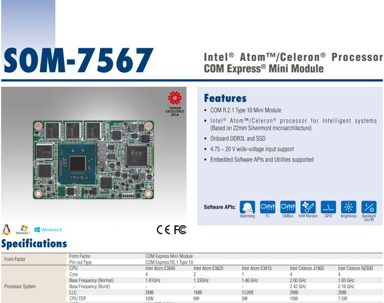 研華SOM-7567 Intel? Atom?/Celeron? 處理器，COM-Express Mini 模塊