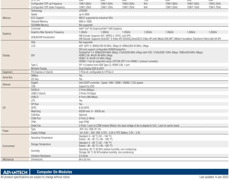 研華SOM-7583 第十一代 Intel? Core U系列處理器，COM Express Mini Type 10 模塊