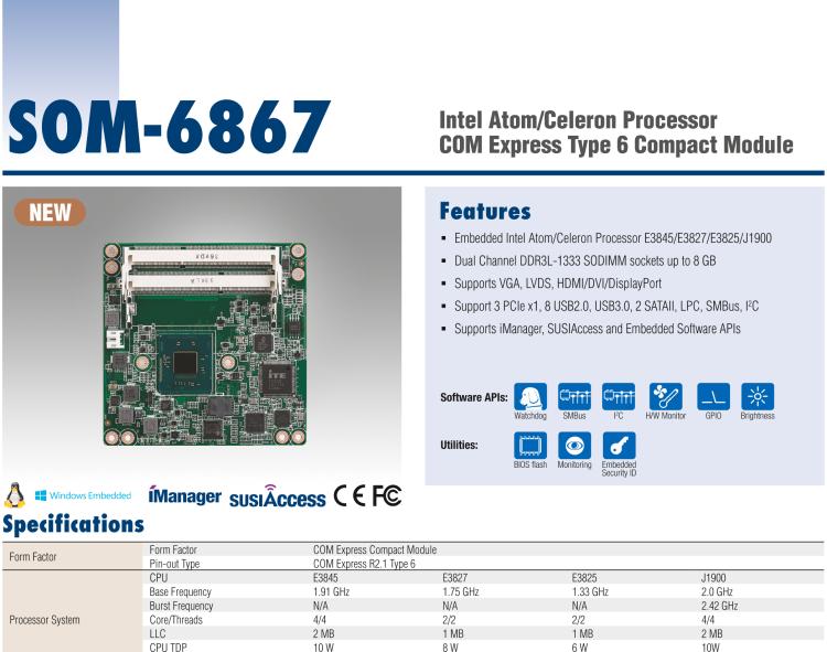 研華SOM-6867 Intel? Atom?/Celeron? 處理器 COM Express Type 6 Compact 模塊