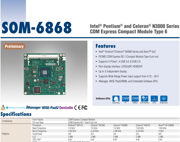 研華SOM-6868 Intel? Pentium?/Celeron? N3000 系列和 Atom ? SoC，COM Express Express Type 6 模塊