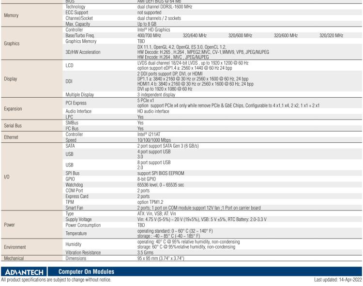 研華SOM-6868 Intel? Pentium?/Celeron? N3000 系列和 Atom ? SoC，COM Express Express Type 6 模塊