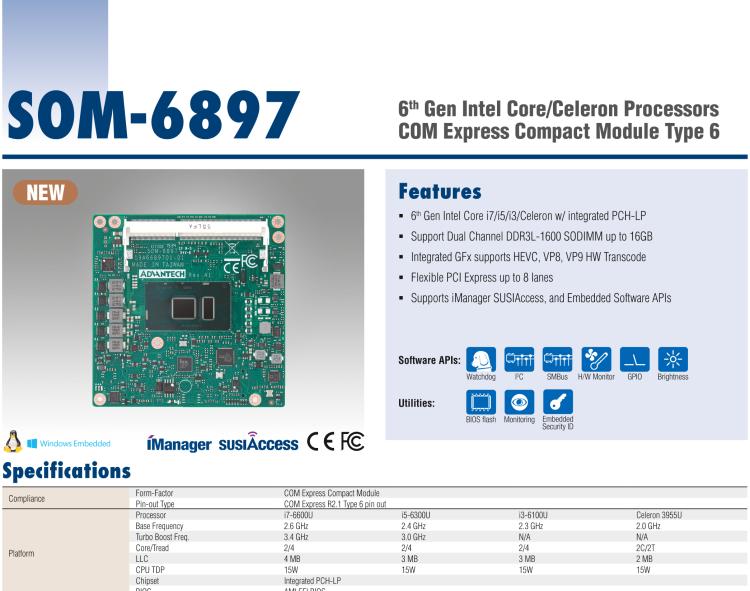 研華SOM-6897 第六代 Intel Core/Celeron 處理器COM Express Compact Module Type 6