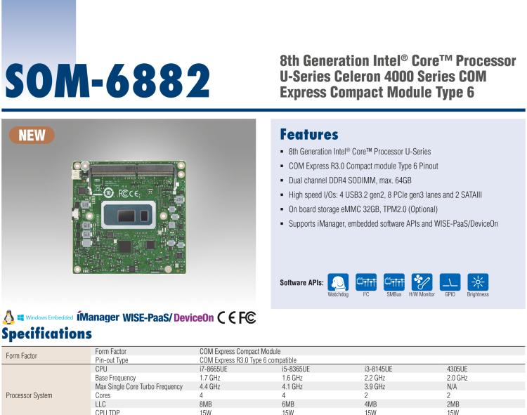 研華SOM-6882 第八代 Intel?Core 處理器，COM Express Compact R3.0 Type 6 模塊