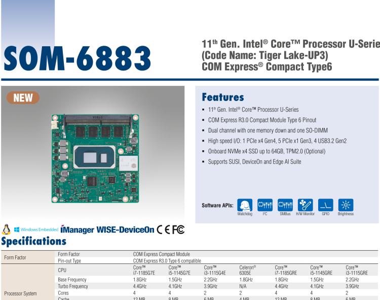 研華SOM-6883 第十一代Intel? Core?處理器U系列（代號：Tiger Lake-UP3），COM Express? Compact Type6