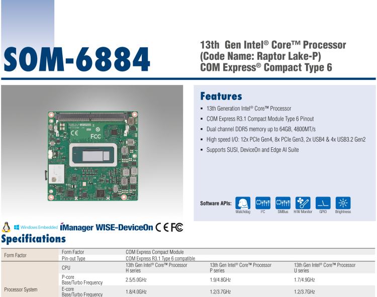 研華SOM-6884 第13代 Intel Core 處理器（代號：Raptor Lake-P）COM Express? Compact Type6