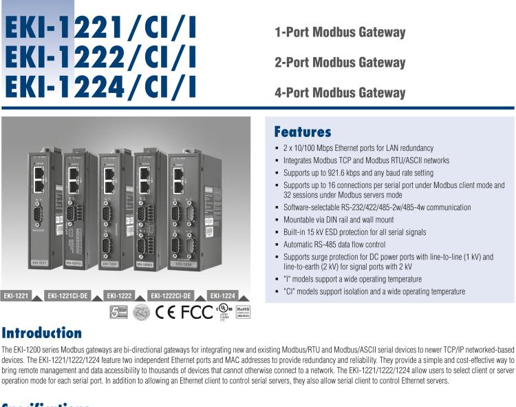 研華EKI-1221CI 隔離式寬溫型 1端口Modbus數(shù)據(jù)網(wǎng)關