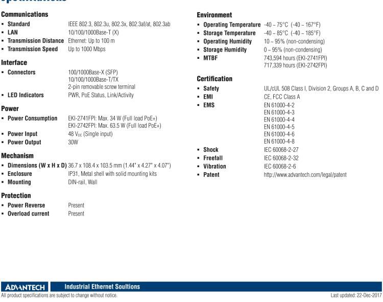 研華EKI-2742FPI 2GE PoE, SFP Injector ,IEEE802.3af/at, 48VDC, -40~75℃