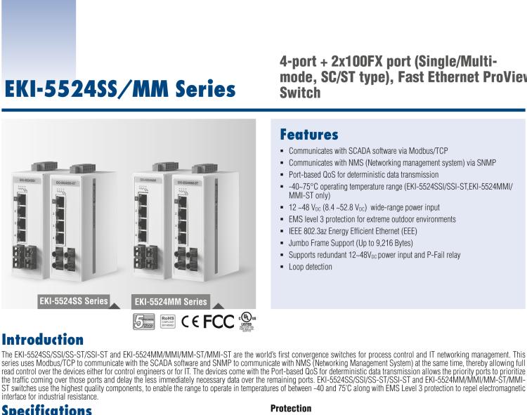 研華EKI-5524SSI 2光4電百兆ProView(組態(tài))系列工業(yè)以太網(wǎng)交換機(jī)(包含單模/多模、SC/ST接口)