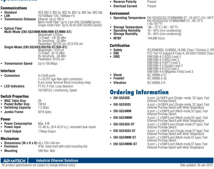 研華EKI-5524SSI 2光4電百兆ProView(組態(tài))系列工業(yè)以太網(wǎng)交換機(jī)(包含單模/多模、SC/ST接口)