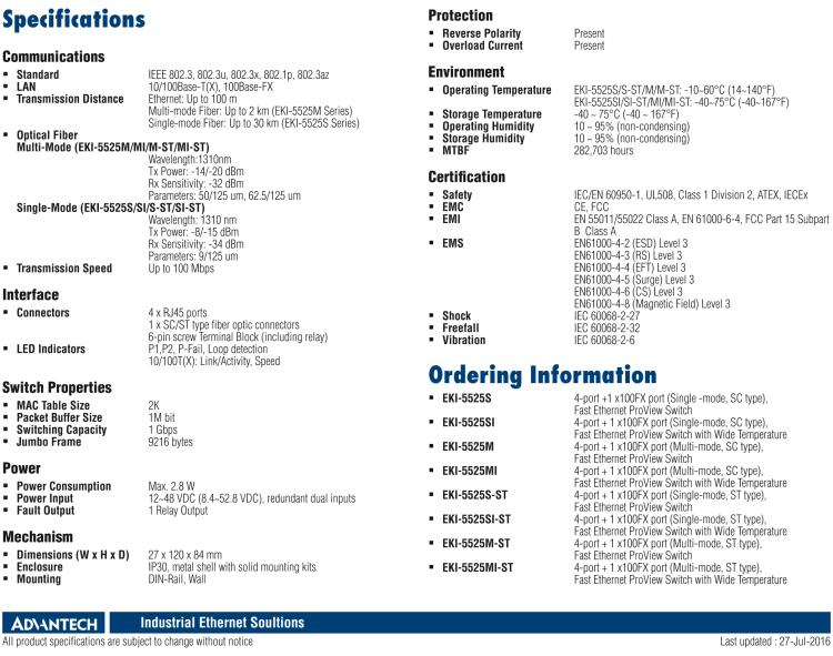 研華EKI-5525MI 1光4電百兆ProView(組態(tài))系列工業(yè)以太網(wǎng)交換機(jī)（包含單模/多模、SC/ST接口）