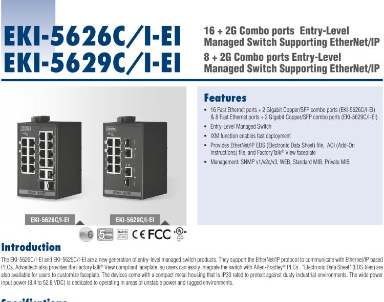 研華EKI-5629C-EI 8FE+2G Combo Managed Ethernet Switch support EtherNet/IP