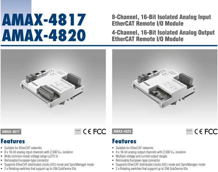 研華AMAX-4820 4 通道 16 位隔離式模擬量輸出 EtherCAT 遠程 I/O 模塊