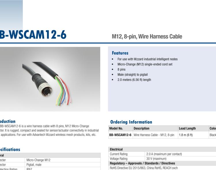 研華BB-WSCAM12-6 M12 Wiring Harness Cable, 8 pin, stripped and tinned wires