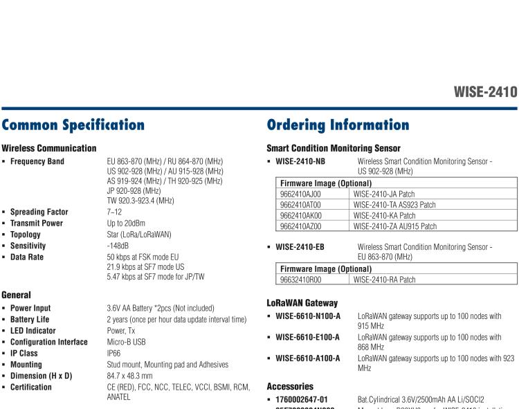 研華WISE-2410 WISE-2410是LoRaWA N無(wú)線(xiàn)振動(dòng)溫度監(jiān)控傳感器，電池使用周期為2年。