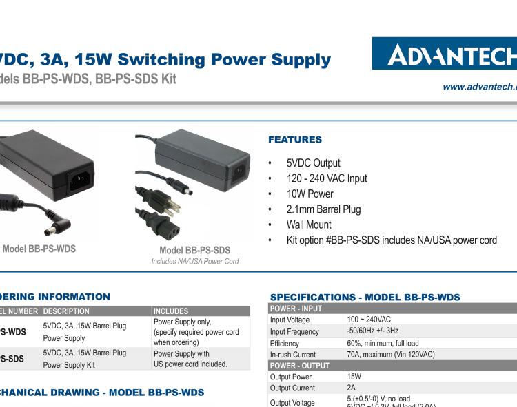 研華BB-PS-WDS Power Supply, AC to 5VDC, 3A, 15W