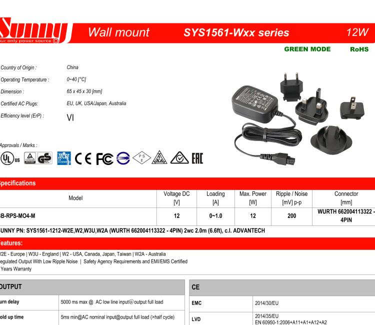 研華BB-RPS-MO4-M Wall Power supply, SmartStart, EU,US,UK,AU plug