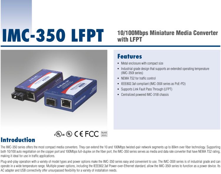 研華IMC-350I-SST-PS-A Mini Hardened Media Converter, 100Mbps, Single-Strand 1310xmt, LFPT, 20km, SC, AC adapter