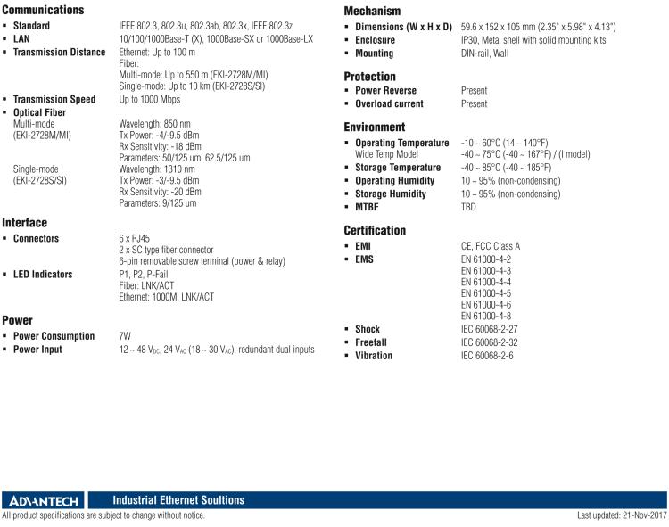 研華EKI-2728MI 6GX+2G多模光纖端口全千兆寬溫非網管型工業(yè)以太網交換機