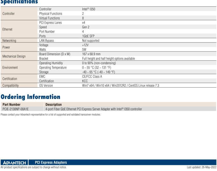 研華PCIE-2130 Quad Port Fiber Gigabit Ethernet PCI Express Server Adapter with Intel? I350