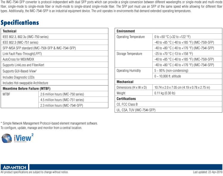 研華IMC-751-M8 Managed Modular Media Converter, 100Mbps, Multimode 850nm, 2km, SC (also known as iMcV 850-15612)