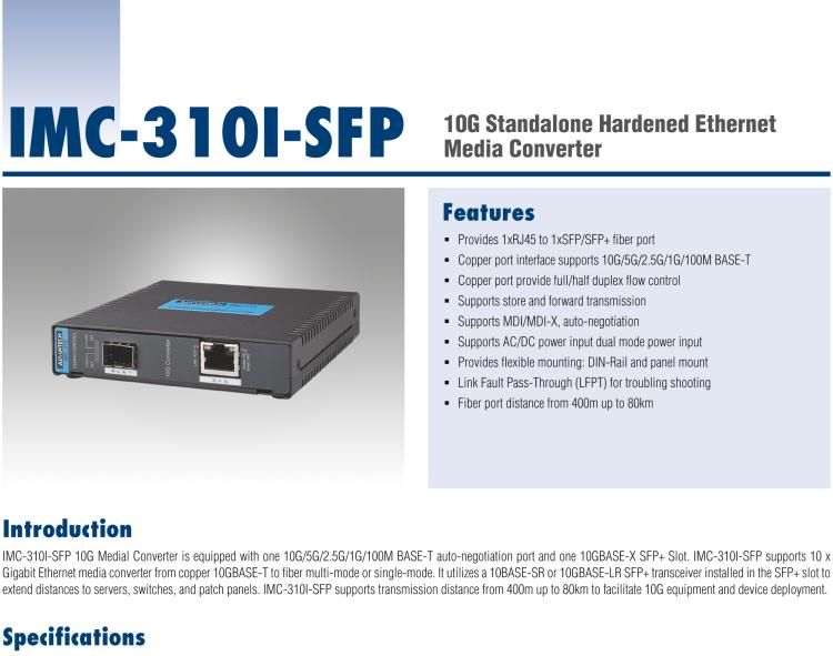 研華IMC-310I-SFP-A 10G Stand Alone Hardened Ethernet Media Converter