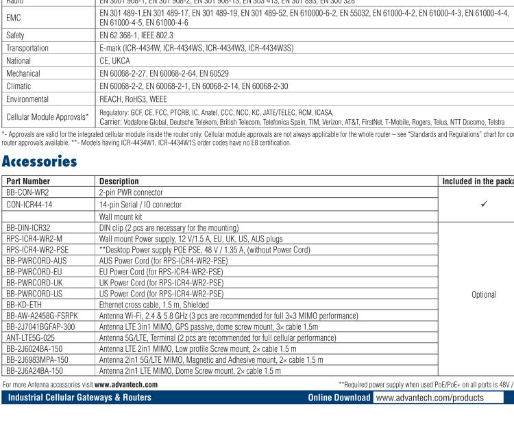 研華ICR-4434WS ICR-4400, GLOBAL, 5x Ethernet, 1x RS232, 1x RS485, CAN, PoE PSE+, Wi-Fi, SFP, USB, SD, Without Accessories